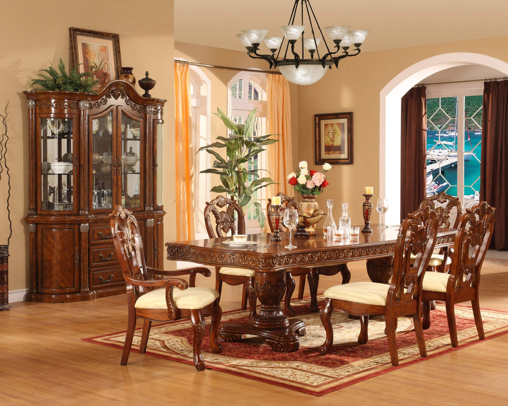 Sahara Double Pedestal Formal Dining Table Set; Table + 4 Side Chairs + 2 Arm Chairs (7 PCS. SET) - Furnlander