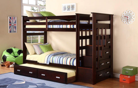Twin / Twin Espresso Finish Staircase Bunk Bed w/ Trundle Bed & Drawers - Furnlander