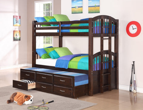 Twin / Twin Espresso Finish Wood Bunk Bed w/ Trundle Bed & Drawers - Furnlander