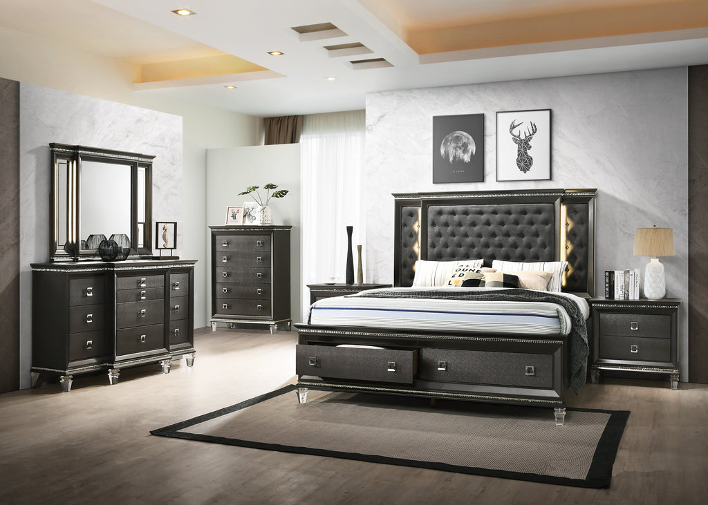 Black Bed w/Drawers & LED Lights; 4 PCS. SET (QB, NS, DR, MR) - Furnlander