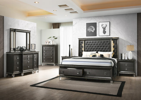 Black Bed w/Drawers & LED Lights;  4 PCS. SET (QB, NS, DR, MR) - Furnlander