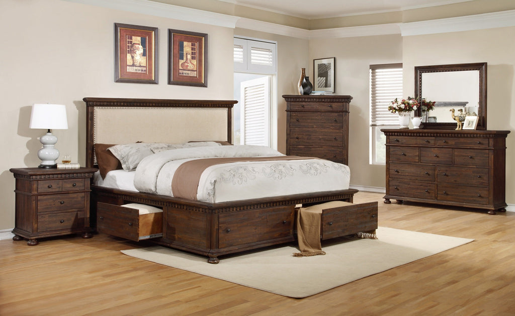 Rustic Bed w/4 Drawers;  4 PCS. SET (QB, NS, DR, MR) - Furnlander