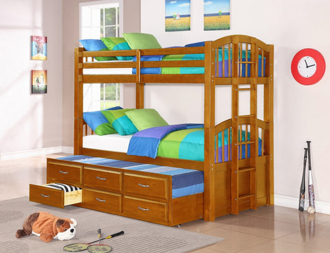 Twin / Twin Oak Finish Wood Bunk Bed w/ Trundle Bed & Drawers - Furnlander